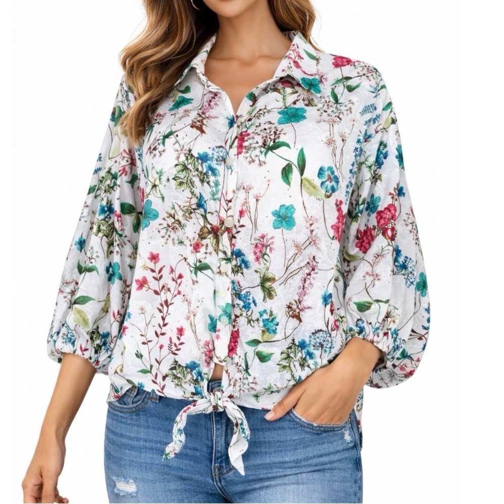 Sanctuary In Bloom blouse Cotton Floral-print In Cheerful floral button up SZ SM - Picture 1 of 9